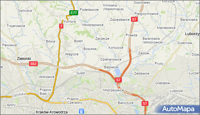 mapa Dziekanowice gmina Zielonki, Dziekanowice gmina Zielonki na mapie Targeo