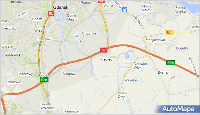 mapa Krępiec gmina Pruszcz Gdański, Krępiec gmina Pruszcz Gdański na mapie Targeo