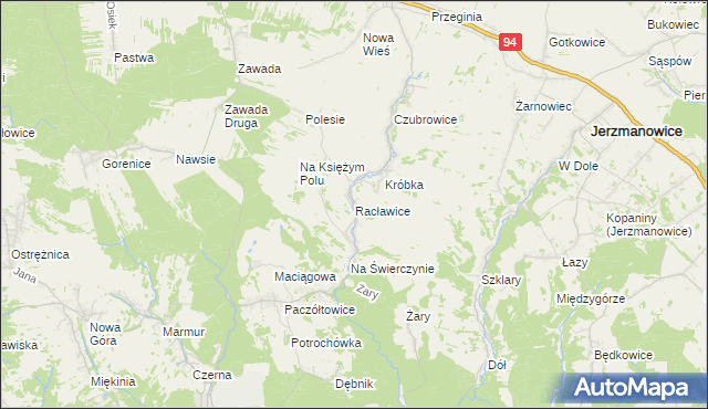 mapa Racławice gmina Jerzmanowice-Przeginia, Racławice gmina Jerzmanowice-Przeginia na mapie Targeo