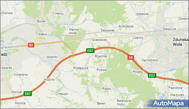 mapa Rzechta gmina Sieradz, Rzechta gmina Sieradz na mapie Targeo