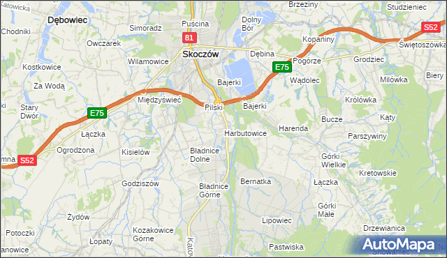 mapa Harbutowice gmina Skoczów, Harbutowice gmina Skoczów na mapie Targeo