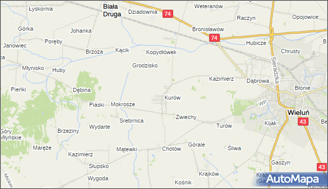 mapa Kurów gmina Wieluń, Kurów gmina Wieluń na mapie Targeo