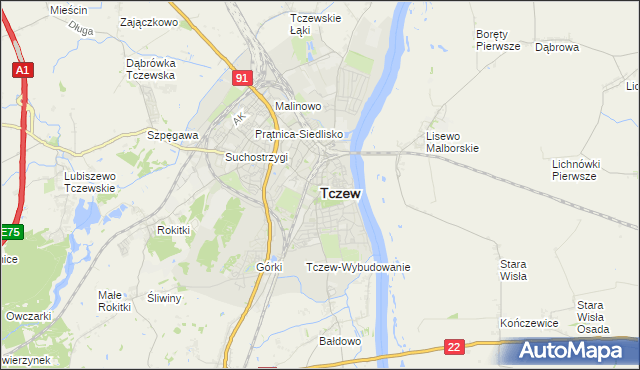 mapa Tczew, Tczew na mapie Targeo