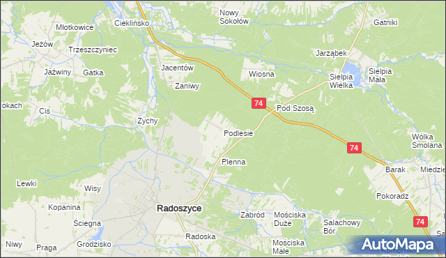 mapa Podlesie gmina Radoszyce, Podlesie gmina Radoszyce na mapie Targeo