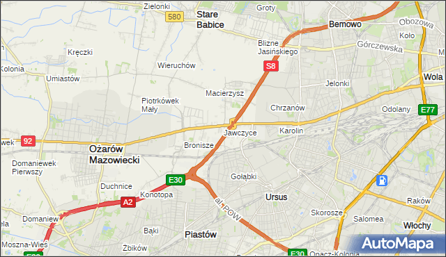 mapa Jawczyce gmina Ożarów Mazowiecki, Jawczyce gmina Ożarów Mazowiecki na mapie Targeo