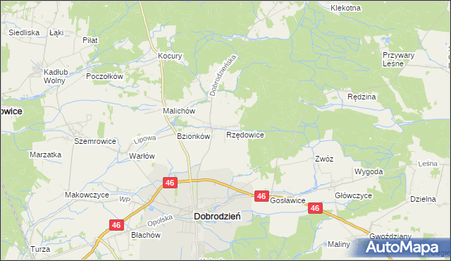 mapa Rzędowice gmina Dobrodzień, Rzędowice gmina Dobrodzień na mapie Targeo