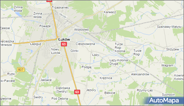 mapa Łazy gmina Łuków, Łazy gmina Łuków na mapie Targeo