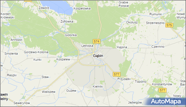 mapa Gąbin powiat płocki, Gąbin powiat płocki na mapie Targeo