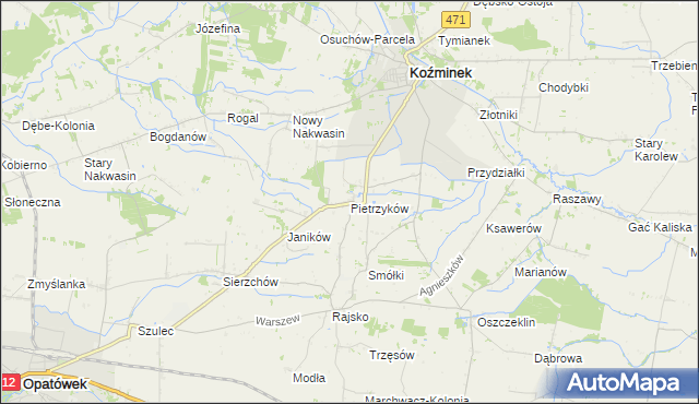 mapa Pietrzyków gmina Koźminek, Pietrzyków gmina Koźminek na mapie Targeo