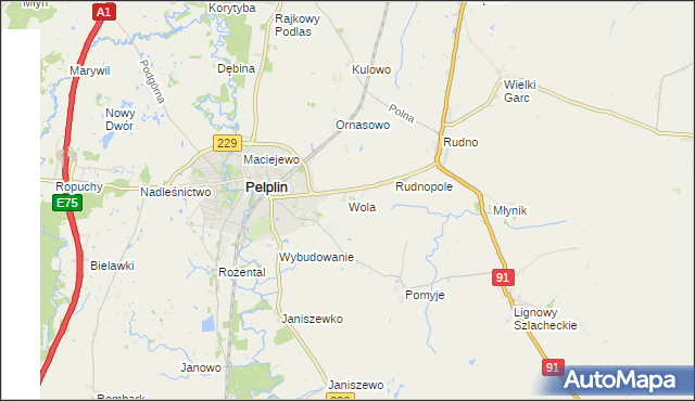 mapa Wola gmina Pelplin, Wola gmina Pelplin na mapie Targeo