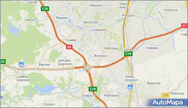mapa Borkowo gmina Pruszcz Gdański, Borkowo gmina Pruszcz Gdański na mapie Targeo