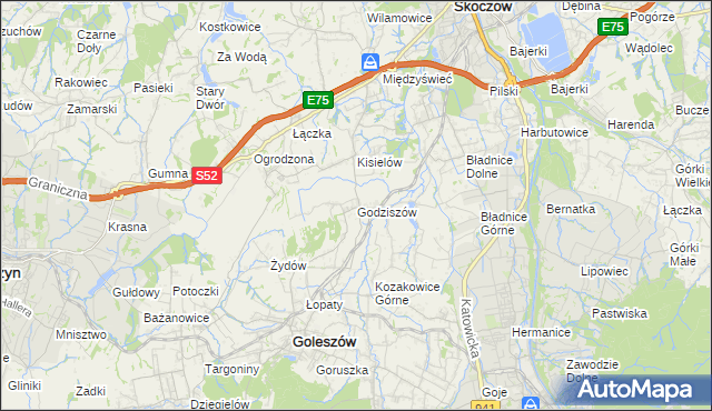 mapa Godziszów gmina Goleszów, Godziszów gmina Goleszów na mapie Targeo