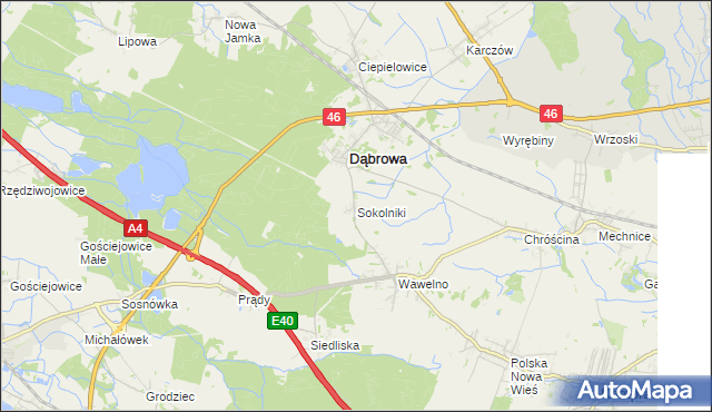 mapa Sokolniki gmina Dąbrowa, Sokolniki gmina Dąbrowa na mapie Targeo