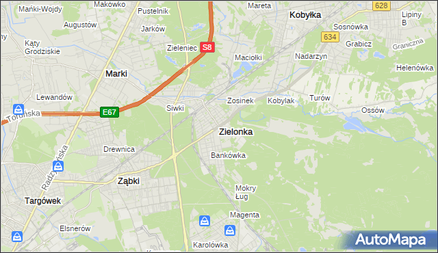 mapa Zielonka powiat wołomiński, Zielonka powiat wołomiński na mapie Targeo