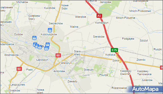 mapa Bielawki gmina Kutno, Bielawki gmina Kutno na mapie Targeo