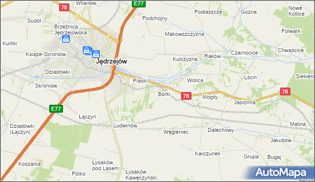mapa Borki gmina Jędrzejów, Borki gmina Jędrzejów na mapie Targeo
