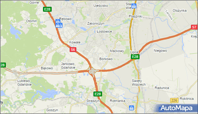 mapa Borkowo gmina Pruszcz Gdański, Borkowo gmina Pruszcz Gdański na mapie Targeo