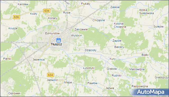 mapa Dzięcioły gmina Tłuszcz, Dzięcioły gmina Tłuszcz na mapie Targeo