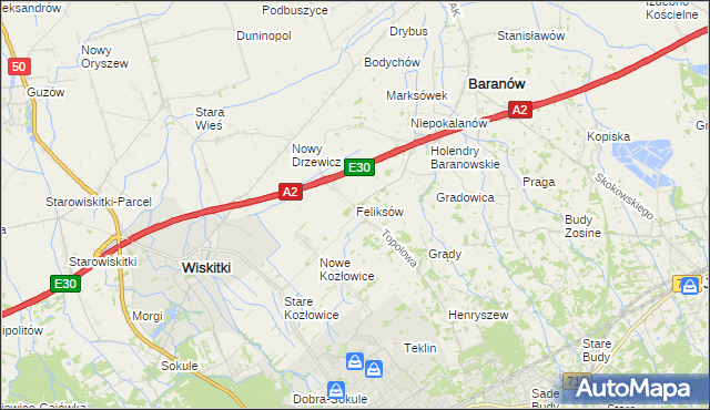 mapa Feliksów gmina Wiskitki, Feliksów gmina Wiskitki na mapie Targeo