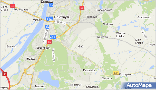 mapa Gać gmina Grudziądz, Gać gmina Grudziądz na mapie Targeo