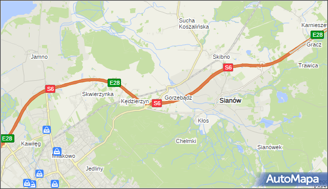 mapa Gorzebądz gmina Sianów, Gorzebądz gmina Sianów na mapie Targeo
