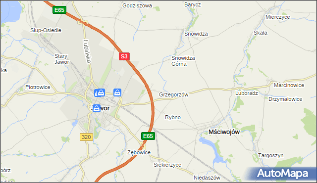 mapa Grzegorzów gmina Mściwojów, Grzegorzów gmina Mściwojów na mapie Targeo