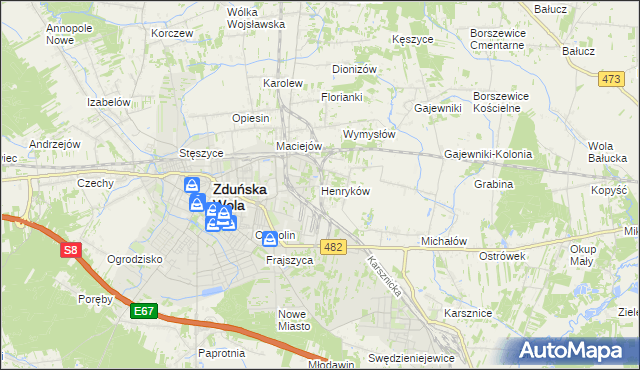 mapa Henryków gmina Zduńska Wola, Henryków gmina Zduńska Wola na mapie Targeo