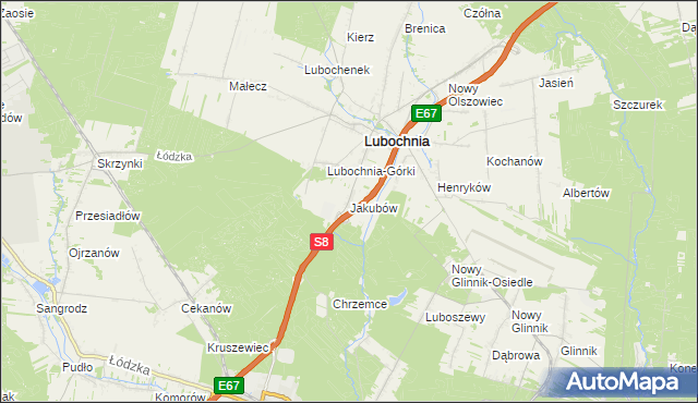 mapa Jakubów gmina Lubochnia, Jakubów gmina Lubochnia na mapie Targeo