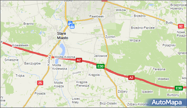 mapa Janowice gmina Stare Miasto, Janowice gmina Stare Miasto na mapie Targeo