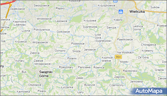 mapa Janowice gmina Wieliczka, Janowice gmina Wieliczka na mapie Targeo