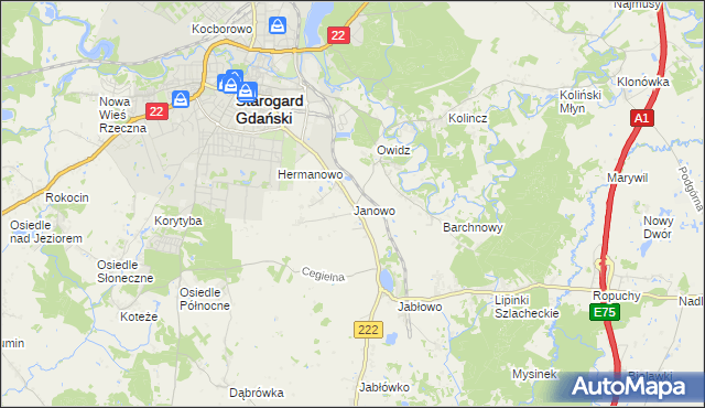 mapa Janowo gmina Starogard Gdański, Janowo gmina Starogard Gdański na mapie Targeo