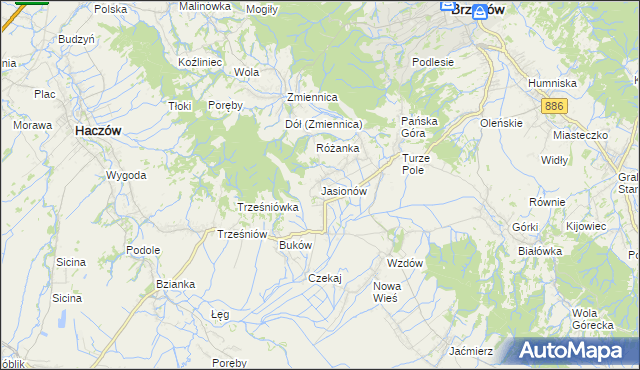 mapa Jasionów gmina Haczów, Jasionów gmina Haczów na mapie Targeo