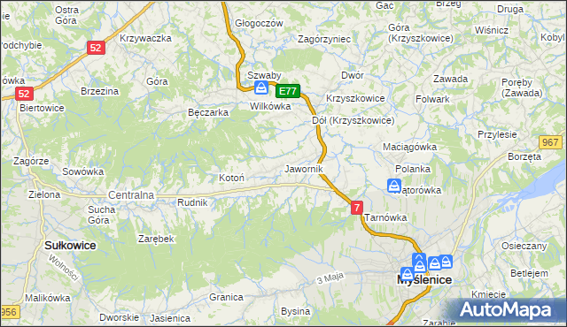 mapa Jawornik gmina Myślenice, Jawornik gmina Myślenice na mapie Targeo