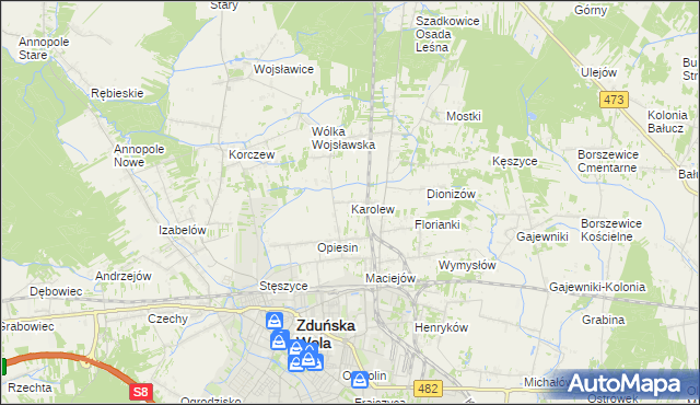 mapa Karolew gmina Zduńska Wola, Karolew gmina Zduńska Wola na mapie Targeo
