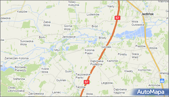 mapa Kolonia Piaski gmina Zakrzew, Kolonia Piaski gmina Zakrzew na mapie Targeo