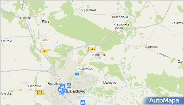 mapa Komorniki gmina Działdowo, Komorniki gmina Działdowo na mapie Targeo