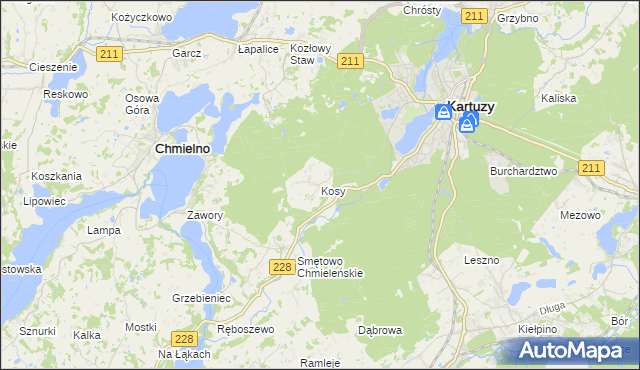 mapa Kosy gmina Kartuzy, Kosy gmina Kartuzy na mapie Targeo