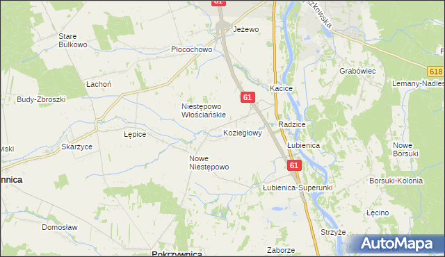 mapa Koziegłowy gmina Pokrzywnica, Koziegłowy gmina Pokrzywnica na mapie Targeo