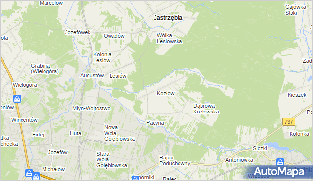 mapa Kozłów gmina Jastrzębia, Kozłów gmina Jastrzębia na mapie Targeo