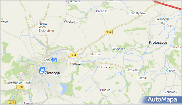 mapa Kozów gmina Złotoryja, Kozów gmina Złotoryja na mapie Targeo
