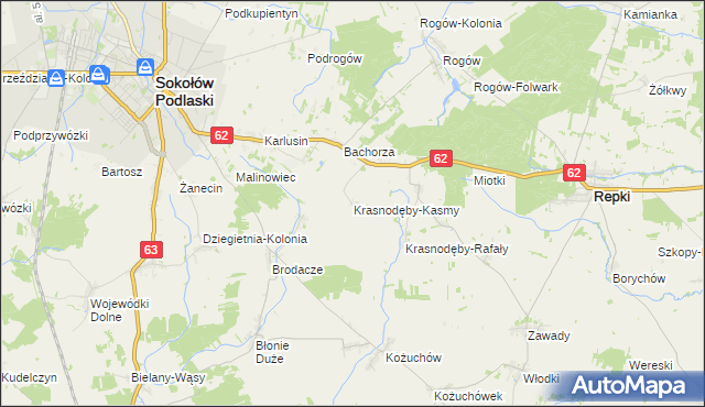 mapa Krasnodęby-Kasmy, Krasnodęby-Kasmy na mapie Targeo