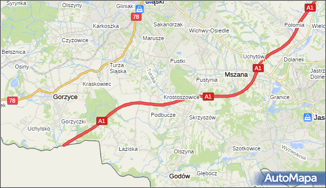 mapa Krostoszowice, Krostoszowice na mapie Targeo