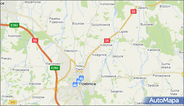 mapa Księginice gmina Trzebnica, Księginice gmina Trzebnica na mapie Targeo