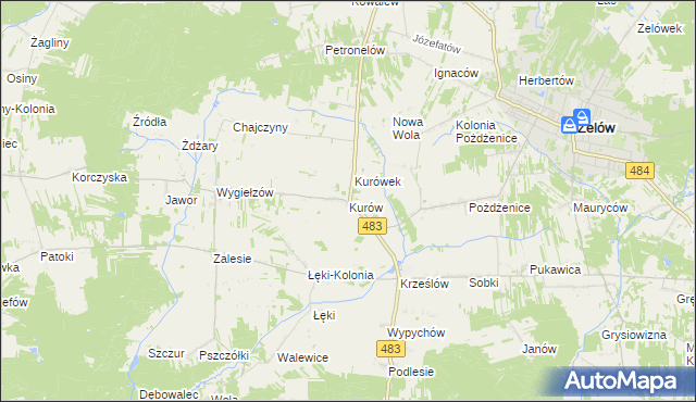 mapa Kurów gmina Zelów, Kurów gmina Zelów na mapie Targeo