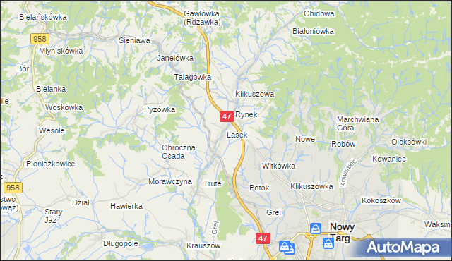 mapa Lasek gmina Nowy Targ, Lasek gmina Nowy Targ na mapie Targeo