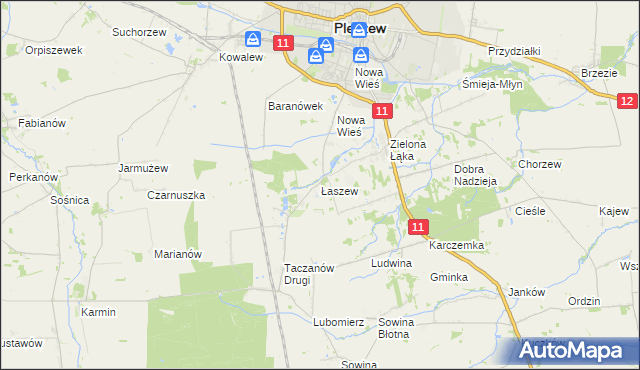 mapa Łaszew gmina Pleszew, Łaszew gmina Pleszew na mapie Targeo