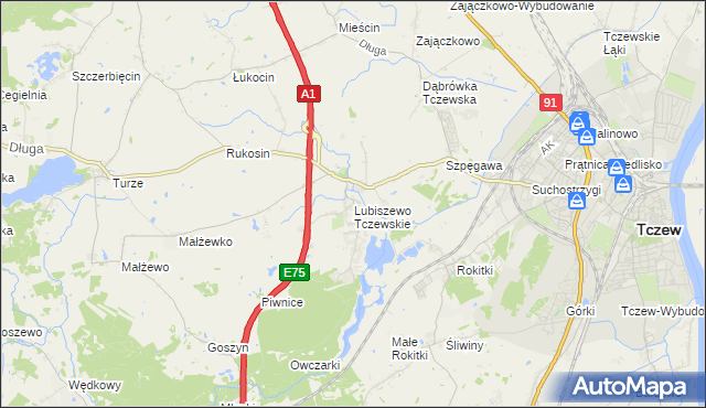 mapa Lubiszewo Tczewskie, Lubiszewo Tczewskie na mapie Targeo