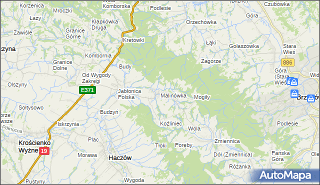 mapa Malinówka gmina Haczów, Malinówka gmina Haczów na mapie Targeo