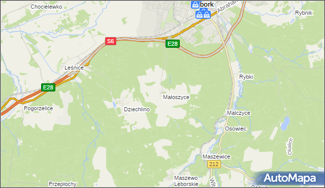 mapa Małoszyce gmina Nowa Wieś Lęborska, Małoszyce gmina Nowa Wieś Lęborska na mapie Targeo