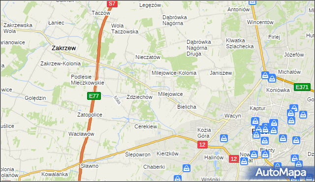 mapa Milejowice gmina Zakrzew, Milejowice gmina Zakrzew na mapie Targeo